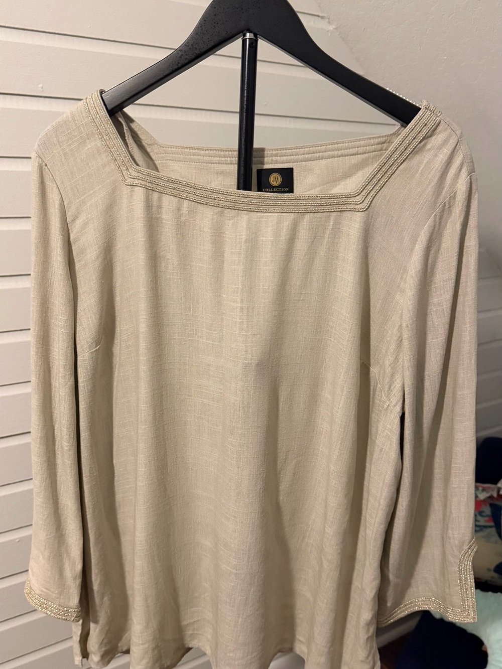 JM Collection XL Beige Linen Blend Tunic Top Metallic Trim Boho Coastal